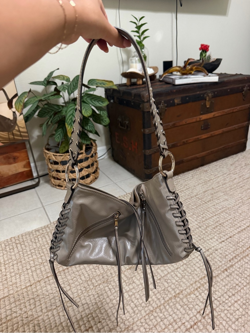 Zara Gray Braided-Trim Shoulder Bag